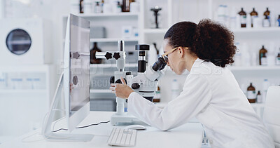 Buy stock photo Scientist, woman and microscope in lab with experiment, computer or inspection for medical research. Person, science investigation or sample test in clinic with equipment, desktop or healthcare study
