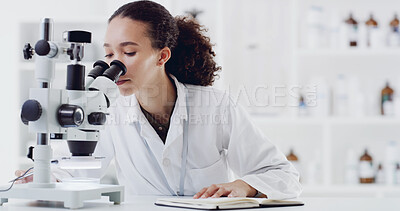Buy stock photo Notes, scientist and woman with microscope in lab for experiment, vaccine development or pharma. Notebook, science or person with microbiology equipment for medical innovation, test or virus research