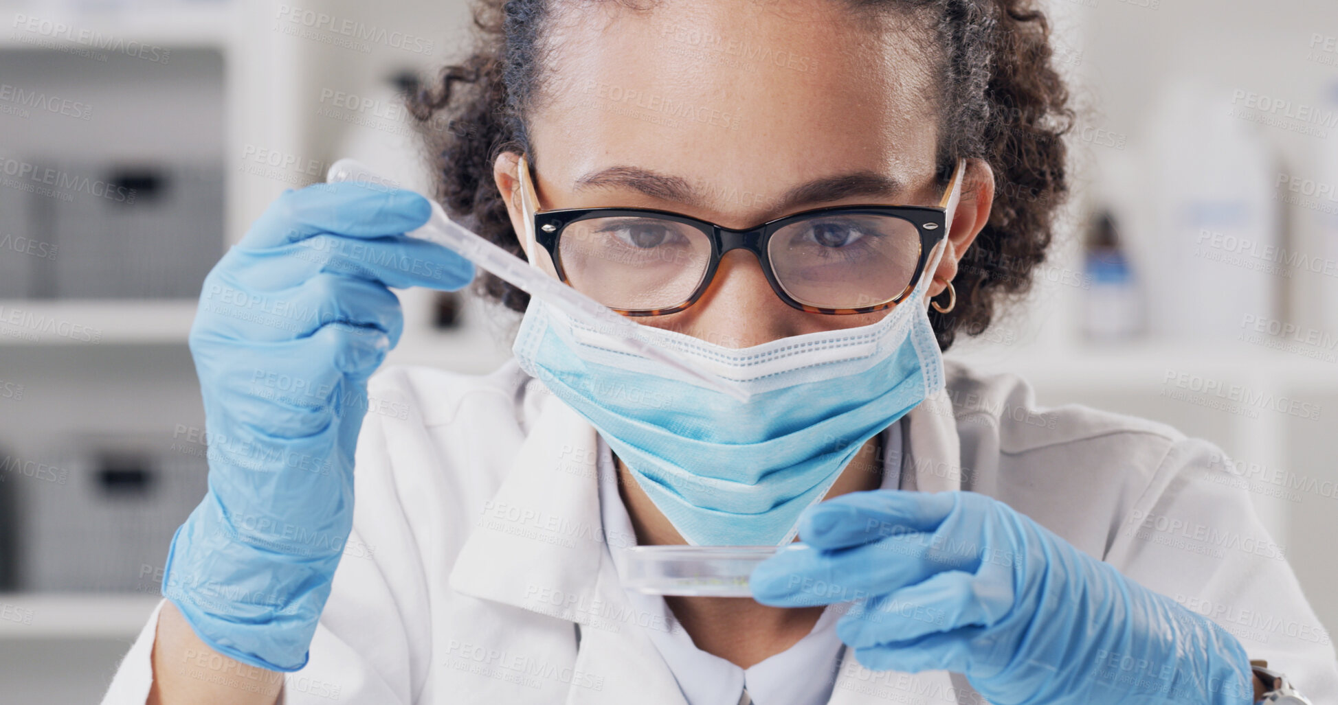 Buy stock photo Woman, scientist and dropper with sample at lab for medical research, glasses and virus in petri dish. Person, equipment and face mask with fluid for pharmaceutical study, test or vaccine development