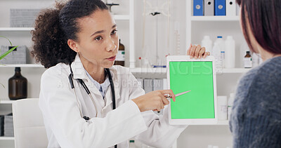 Buy stock photo Woman, doctor and patient with tablet or green screen for telehealth, medical research or results. Female person, prescription or technology display with client for diagnosis on mockup in hospital