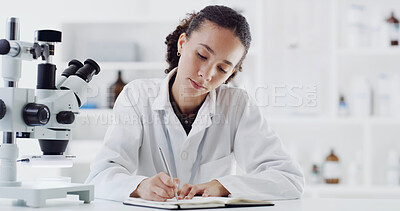 Buy stock photo Science, notebook or woman in laboratory with test, info recording or research result in experiment. Medical, writing or scientist with microscope, investigation report or checklist in clinical trial