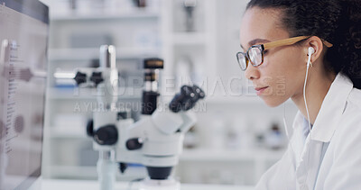 Buy stock photo Woman, scientist and review with computer at lab for medical research, feedback and progress report. Person, glasses and earphones with pharmaceutical study, insight and admin for vaccine development