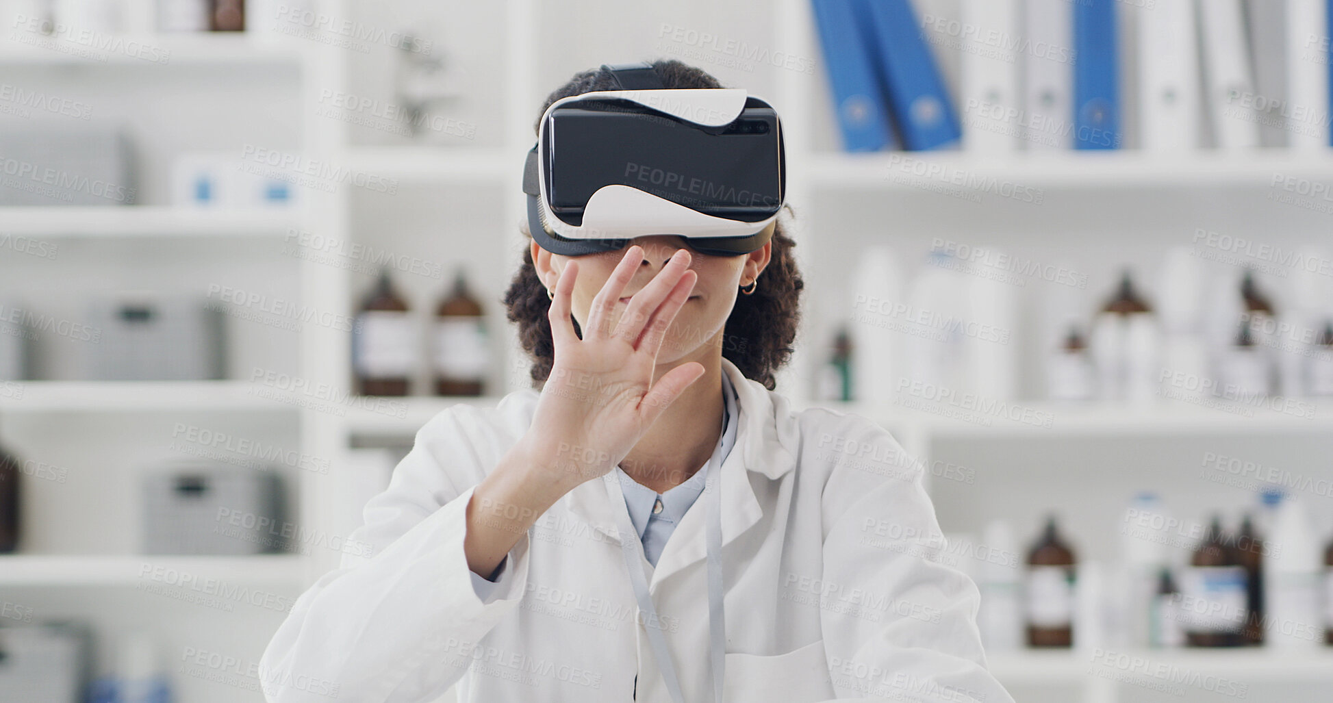 Buy stock photo Scientist, virtual reality and woman with experience, development and study in laboratory for education. Biotechnology, medical research and simulation with VR, information and software for project