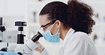 Development, scientist and woman with microscope in lab for experiment, vaccine research or pharma. Mask, science and person with microbiology equipment for medical innovation, test or virus analysis