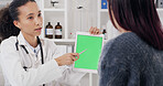 Woman, doctor or consultation with patient, tablet or green screen for medical results or diagnosis. Female person, prescription or technology display with client for treatment on mockup in hospital
