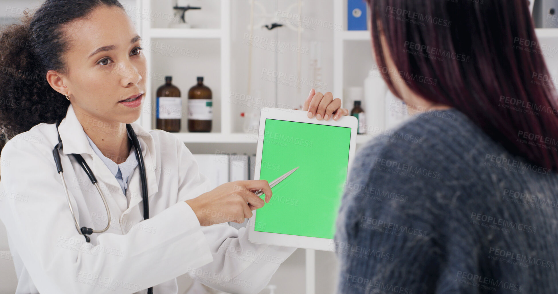 Buy stock photo Woman, doctor or consultation with patient, tablet or green screen for medical results or diagnosis. Female person, prescription or technology display with client for treatment on mockup in hospital