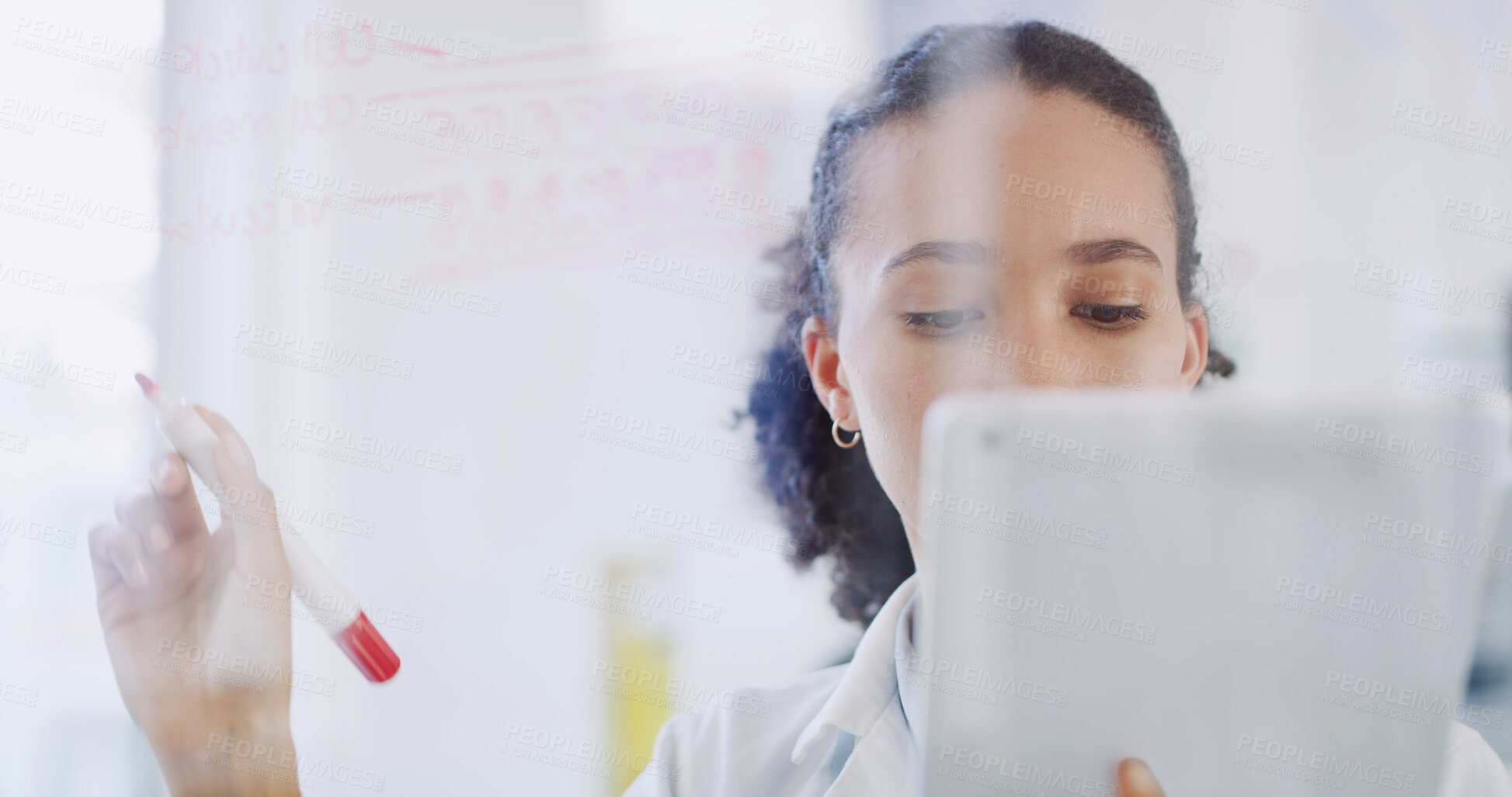 Buy stock photo Woman, scientist and writing with tablet on glass board in laboratory for schedule planning. Female person, doctor and checklist with technology for brainstorming ideas or medical research in clinic