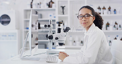 Buy stock photo Woman, scientist and portrait with computer at lab for medical research, smile and confidence at job. Person, glasses and happy with pharmaceutical study, pc and vaccine development in Costa Rica