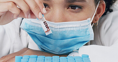 Buy stock photo Woman, test tube and blood sample at lab for science with innovation, face mask and medical research. Person, scientist and container with ppe, check and pharmaceutical study for vaccine development