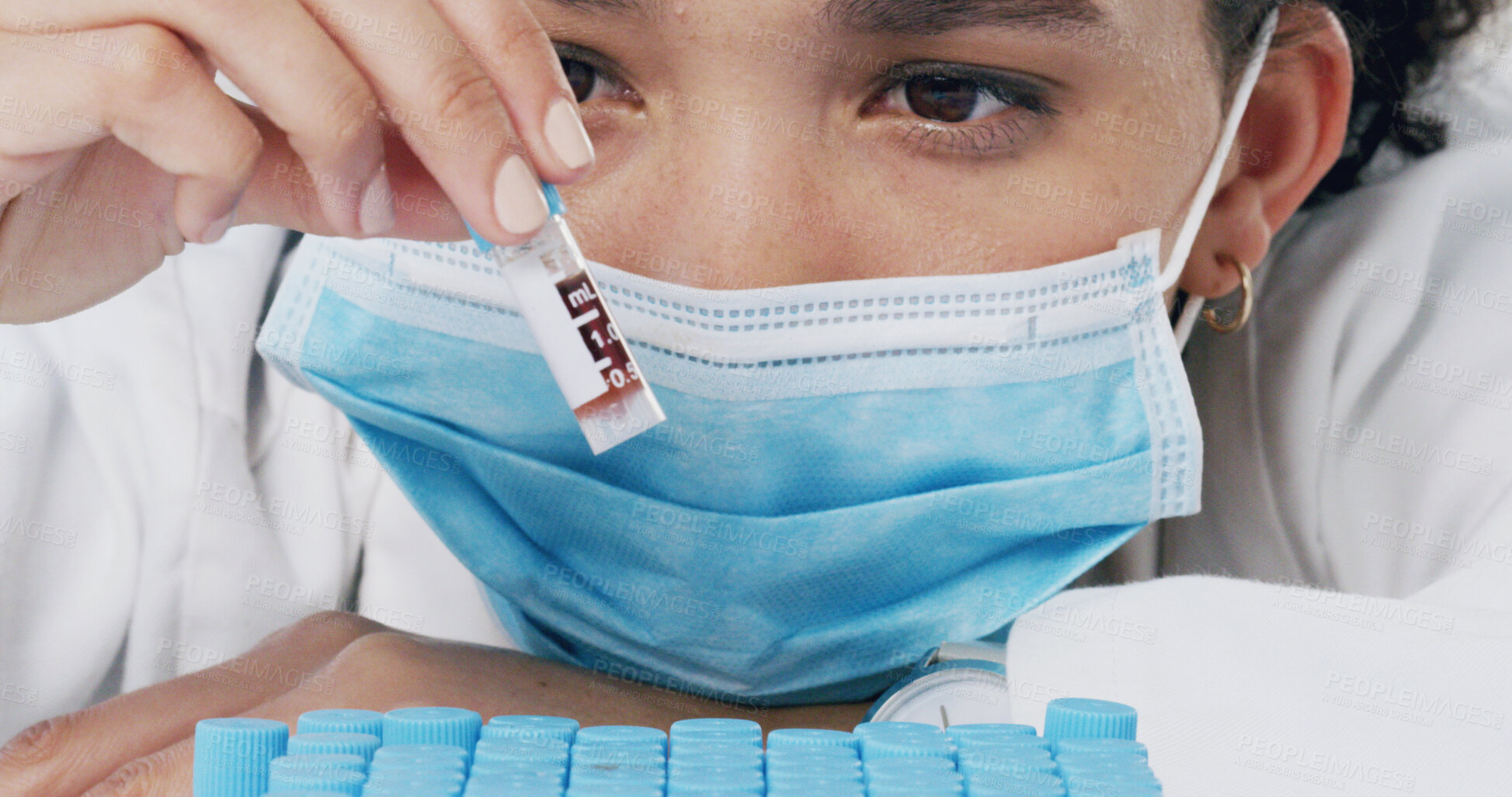 Buy stock photo Woman, test tube and blood sample at lab for science with innovation, face mask and medical research. Person, scientist and container with ppe, check and pharmaceutical study for vaccine development