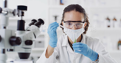 Buy stock photo Medical, pipette or scientist in lab with plants, analysis or examination for biochemistry study. Science, test tube or woman with leaf samples, agro experiment or inspection in rna development.