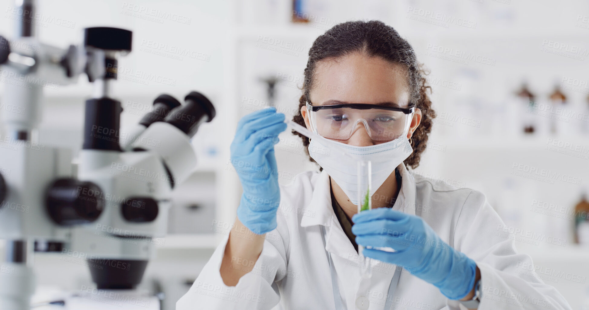 Buy stock photo Medical, pipette or scientist in lab with plants, analysis or examination for biochemistry study. Science, test tube or woman with leaf samples, agro experiment or inspection in rna development.