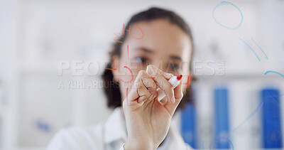 Buy stock photo Woman, doctor and writing with tablet on glass board in laboratory for schedule planning. Female person, scientist and checklist with technology for brainstorming ideas or medical research in clinic
