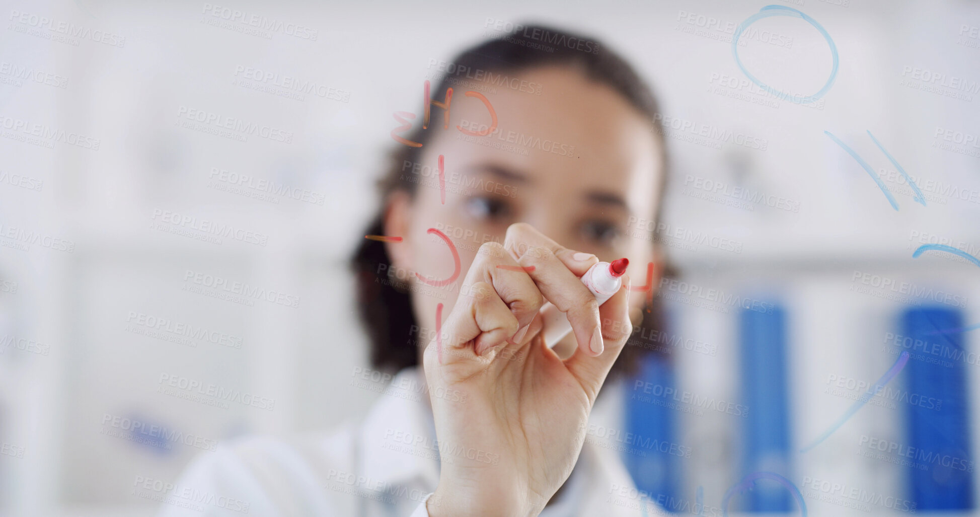 Buy stock photo Woman, doctor and writing with tablet on glass board in laboratory for schedule planning. Female person, scientist and checklist with technology for brainstorming ideas or medical research in clinic