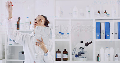 Buy stock photo Scientist, woman and writing on glass wall with tablet, formula and brainstorming for medical research. Science, person and diagram in lab with tech, problem solving or planning for healthcare study.