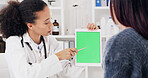 Woman, doctor and tablet with patient in clinic for prescription, diagnosis or results. Female person, client and showing with green screen, technology display or mockup space for telehealth app