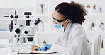 Medical, notebook or expert in laboratory with test, info recording or research result in experiment. Scientist, writing or woman with microscope, investigation report or checklist in clinical trial.