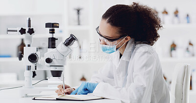 Buy stock photo Medical, notebook or expert in laboratory with test, info recording or research result in experiment. Scientist, writing or woman with microscope, investigation report or checklist for clinical trial