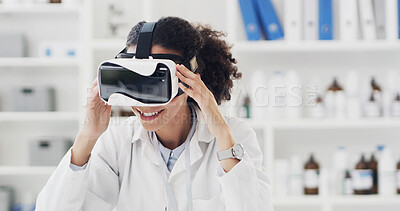Buy stock photo Scientist, augmented reality and woman with experience, development and study in laboratory for education. Biotechnology, medical research and simulation with VR, information and software for project