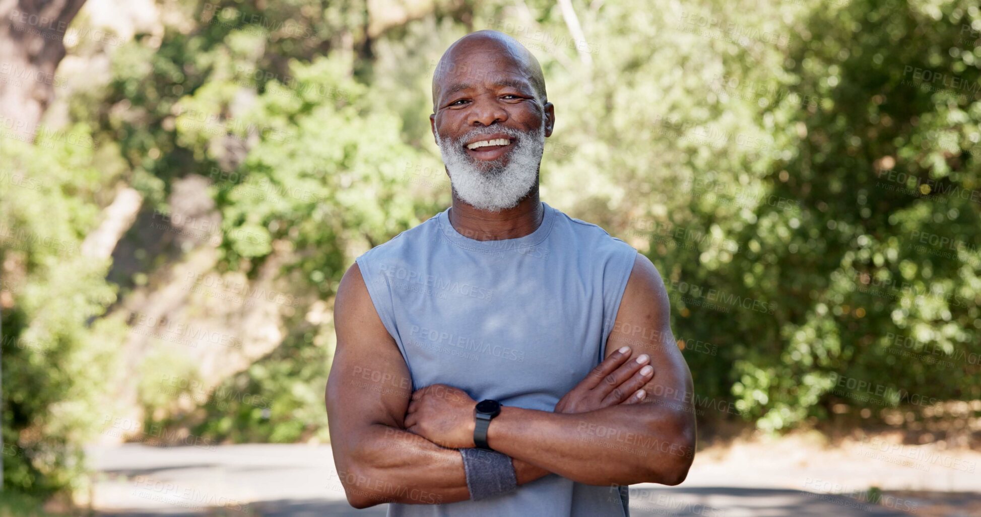 Buy stock photo Portrait, fitness and black man with arms crossed, outdoor and funny with nature. Laughing, runner and mature person with humor wellness and commitment to workout routine, health benefits or exercise