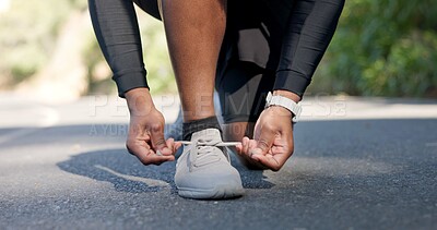 Buy stock photo Hands, person and tying laces for fitness preparation, start exercise and cardio workout. Athlete, footwear and road for getting ready, endurance training and runner safety for challenge outdoor