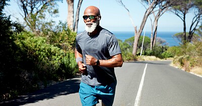 Buy stock photo Exercise, mountain road and running with black man outdoor for cardio challenge or physical improvement. Fitness, health and training with mature runner in nature for wellness or workout routine