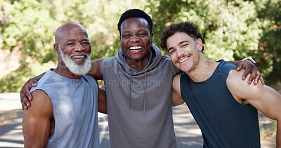 Buy stock photo Portrait, happy men and outdoor with hug for exercise, wellness goals and workout accountability. People, smile and embrace in street with solidarity, teamwork and ready for training on weekend.