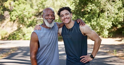 Buy stock photo Personal trainer, old man and embrace outdoor with portrait, fitness goals and ready for exercise. Happy, active senior person and coach in road with training support, hug and wellness for workout.