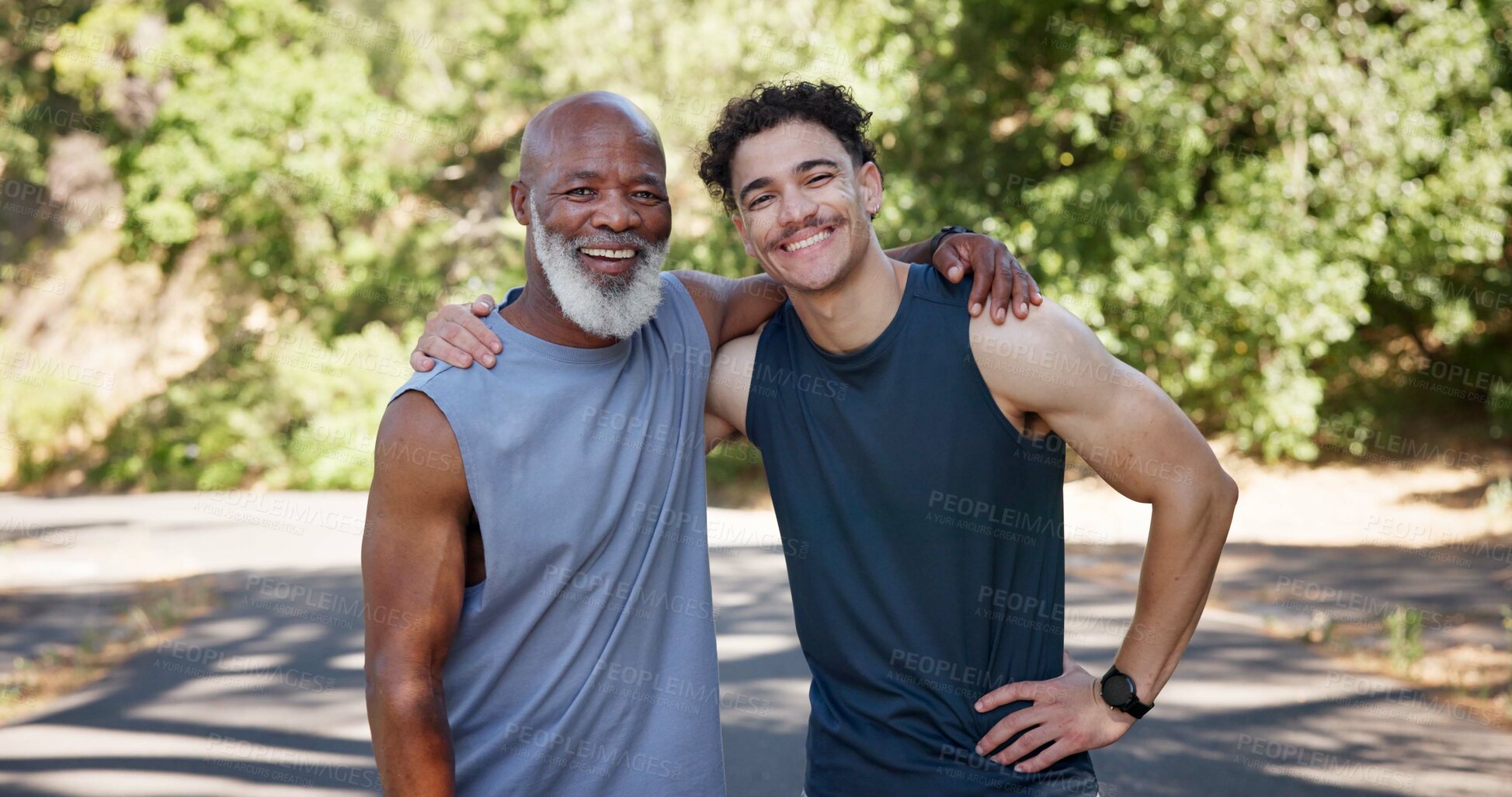 Buy stock photo Personal trainer, old man and embrace outdoor with portrait, fitness goals and ready for exercise. Happy, active senior person and coach in road with training support, hug and wellness for workout.