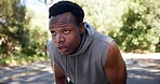 Tired, black man and outdoor with sweat from cardio workout, exercise challenge and sports fatigue. Exhausted person, breathe and fitness in road with training break, rest and recovery for wellness.