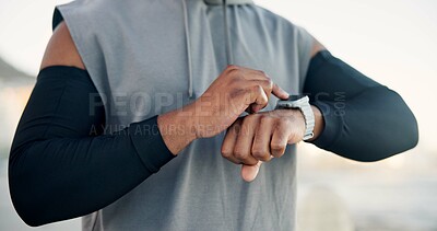 Buy stock photo Hands, outdoor or man with smart watch, fitness or digital app to track progress. Check time, person or athlete with exercise, challenge or monitor heart rate for cardio workout, training or wellness