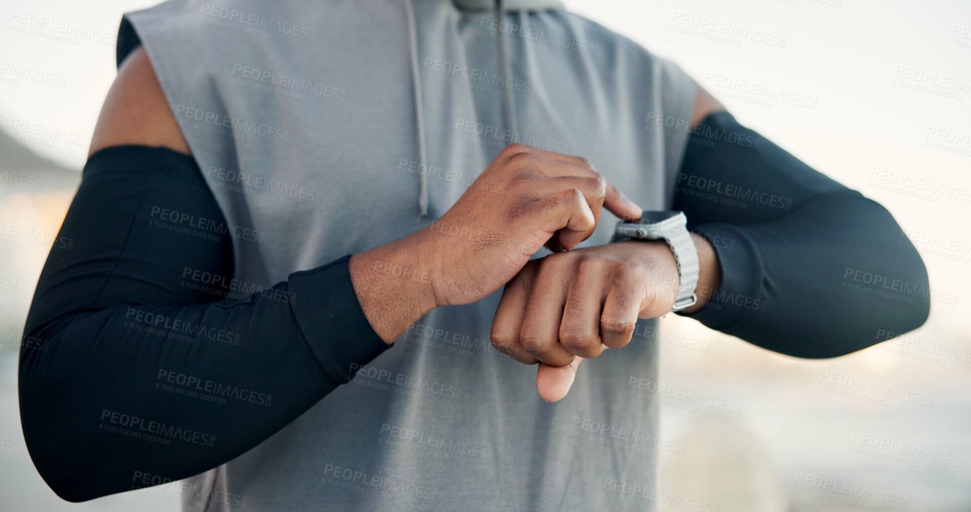 Buy stock photo Hands, outdoor or man with smart watch, fitness or digital app to track progress. Check time, person or athlete with exercise, challenge or monitor heart rate for cardio workout, training or wellness