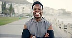 Portrait, black man and arms crossed for fitness outdoor with pride, exercise and cardio training. Smile, male person and confident runner for endurance workout, sports challenge and happy in nature