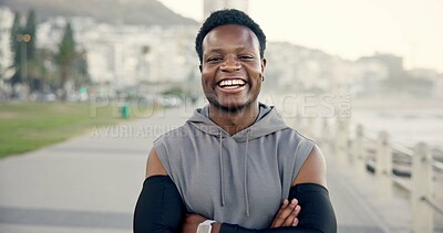 Buy stock photo Portrait, black man and arms crossed for fitness outdoor with pride, exercise and cardio training. Smile, male person and confident runner for endurance workout, sports challenge and happy in nature