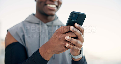 Buy stock photo Man, hands and fitness with phone for social media, sport app or outdoor workout routine. Active, male person or runner typing with smile on mobile smartphone for exercise, health tips or guide