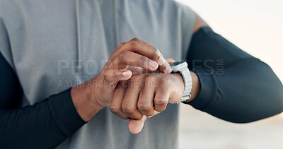 Buy stock photo Hands, outdoor or man with smart watch, exercise or digital app to track progress. Check time, person or athlete with fitness, wellness or monitor heart rate for cardio workout and stats for training