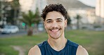 Portrait, man and smile for fitness outdoor with pride, exercise and cardio training. Happy, male person or confident runner for endurance workout, sports challenge and fresh air for wellness at park