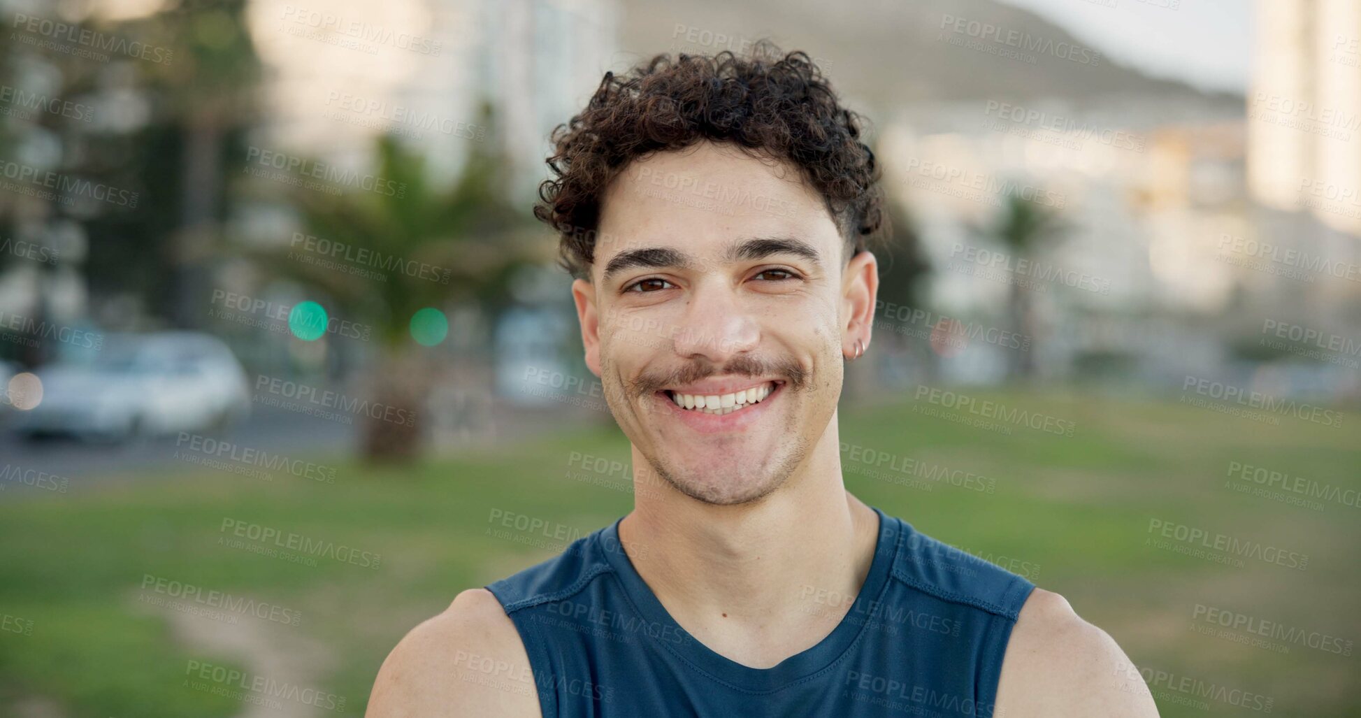 Buy stock photo Portrait, man and smile for fitness outdoor with pride, exercise and cardio training. Happy, male person or confident runner for endurance workout, sports challenge and fresh air for wellness at park
