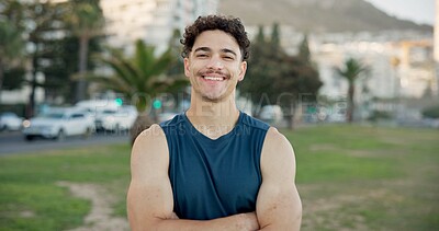 Buy stock photo Portrait, man and arms crossed for fitness outdoor with pride, exercise and cardio training. Smile, male person and runner with confidence for endurance workout, sports challenge and happy in nature