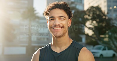 Buy stock photo Portrait, happy and man for fitness outdoor with pride, exercise and cardio training. Smile, person and runner with flare for endurance workout, sports challenge and fresh air for wellness in nature