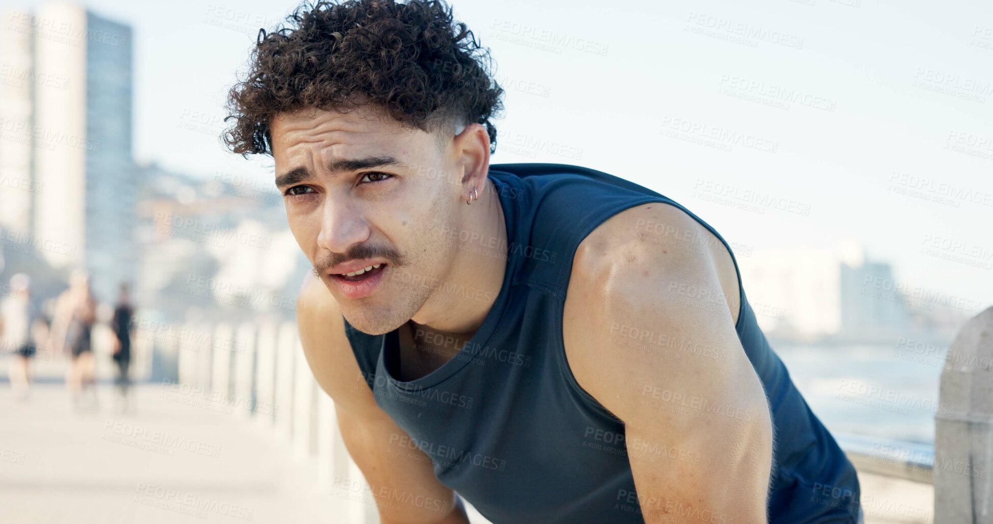 Buy stock photo Tired, man and sweat in city with fitness break, difficult endurance challenge and sports fatigue. Exhausted, person and rest outdoor with workout recovery, stop exercise and training for wellness.
