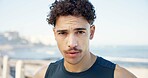 Man, portrait and fitness on beach promenade with space, sky and confident for wellness in summer. Person, runner and pride with break for exercise, rest or tired with breathing at seaside in Brazil