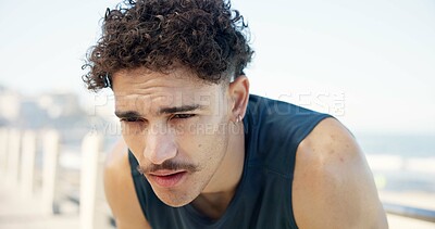 Buy stock photo Tired, man and sweat outdoor with fitness break, difficult endurance challenge and sports fatigue. Exhausted, person and rest in city with workout recovery, stop exercise and training for wellness.