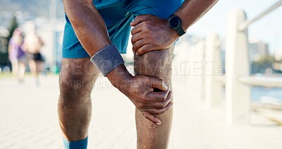 Buy stock photo Person, knee injury or promenade with pain for fitness, workout accident or emergency. Active, runner or sore leg with ache, strain or pressure for joint inflammation or fibromyalgia in an urban town
