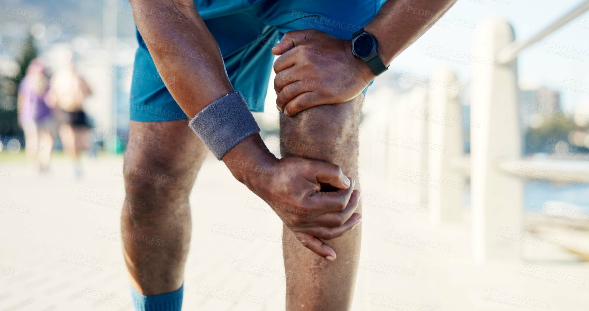 Buy stock photo Person, knee injury or promenade with pain for fitness, workout accident or emergency. Active, runner or sore leg with ache, strain or pressure for joint inflammation or fibromyalgia in an urban town