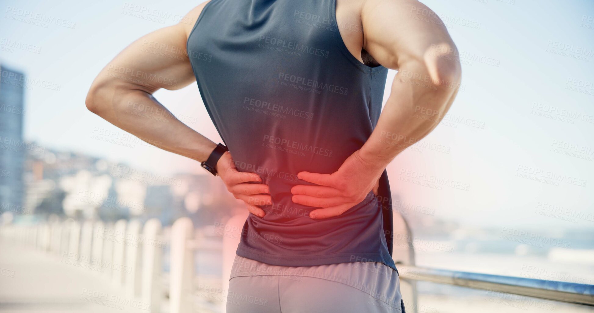 Buy stock photo Man, hands or back pain with red glow on promenade for spine injury or workout accident. Active, male person or sore ache with discomfort or pressure for fitness, joint inflammation or muscle tension