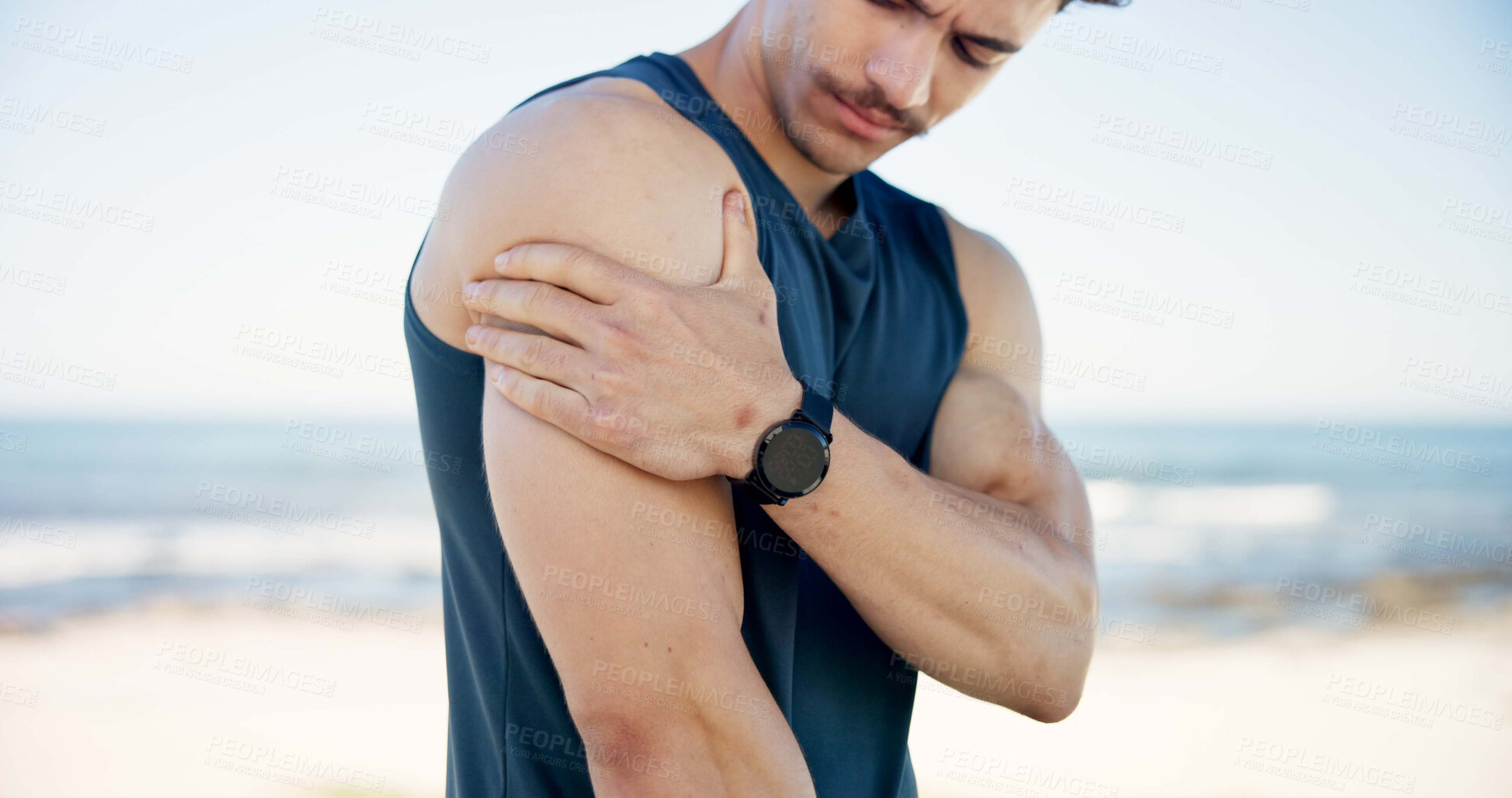 Buy stock photo Man, fitness and arm injury with pain on promenade for workout accident, sprain or pressure. Active, male person or sore ache with discomfort or strain for joint inflammation or muscle tension