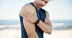 Man, fitness and arm injury with pain on promenade for workout accident, sprain or pressure. Active, male person or sore ache with discomfort or strain for joint inflammation or muscle tension