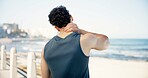 Man, fitness and neck injury with pain on promenade for workout accident, sprain or pressure. Active, male person or sore ache with discomfort or strain for joint inflammation or muscle tension