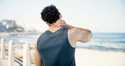 Buy stock photo Man, fitness and neck injury with pain on promenade for workout accident, sprain or pressure. Active, male person or sore ache with discomfort or strain for joint inflammation or muscle tension